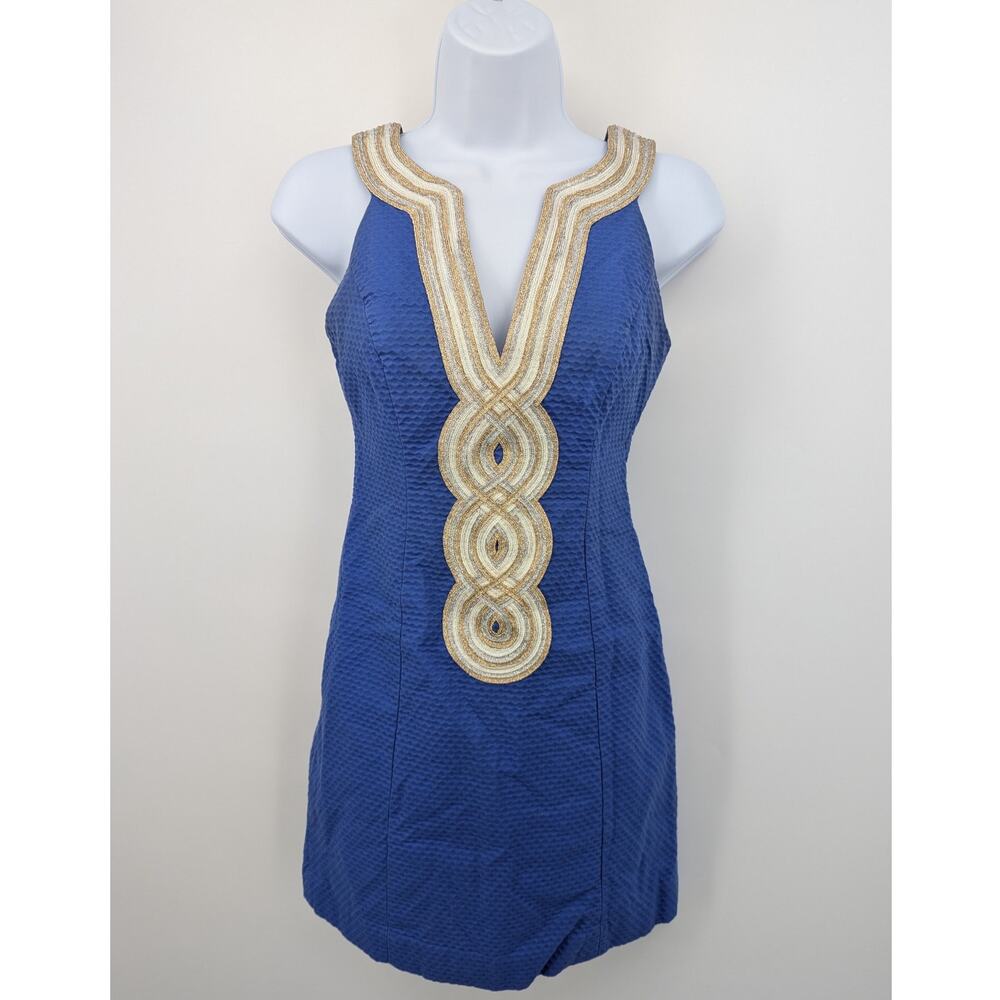 Lilly Pulitzer Donna Valli Tubino Dress Size 00 Blue Gold Cotton Excellent Cond.